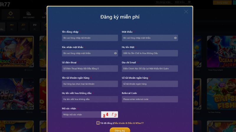 Nhà cái Wstar77 yêu cầu người chơi cung cấp thông tin đăng ký đầy đủ